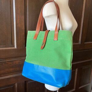 Fossil Austin Tote Bright Green/Blue Colorblock Leather Double Handles Large